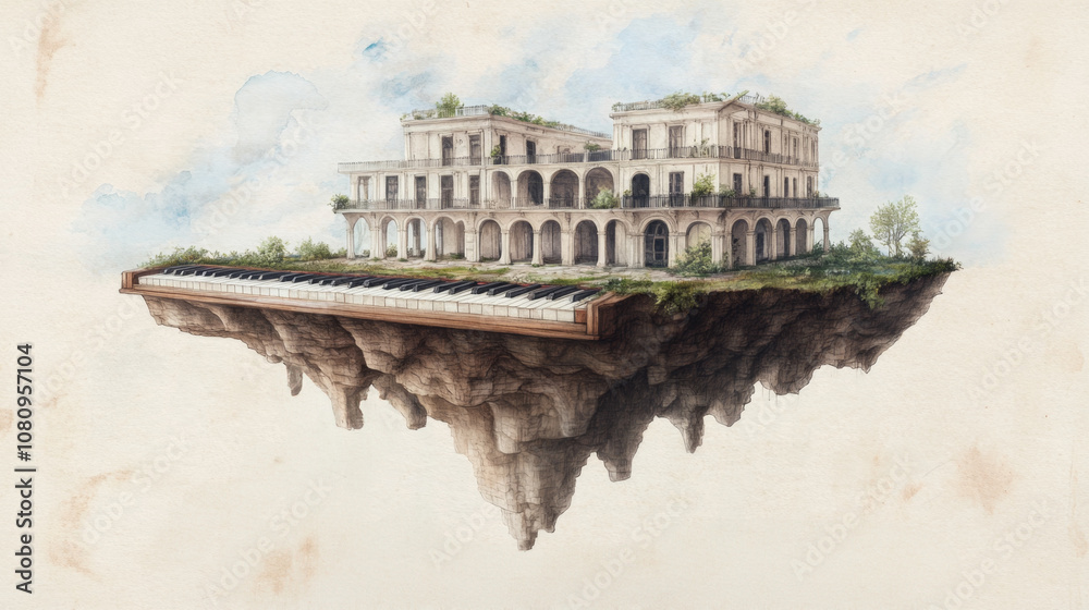 Obraz premium Surreal floating island with classical architecture and piano elements