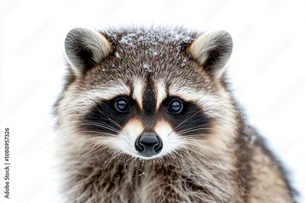 A raccoon with a snow-dusted face gazes curiously while sitting in a winter scene, surrounded by soft white snow under a clear sky A raccoon with a snow-dusted face gazes curiously while sitting in a winter scene, surrounded by soft white snow under a clear sky