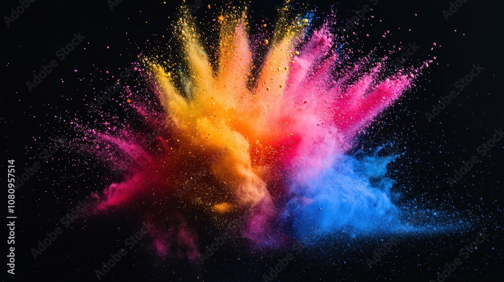 Naklejka premium Explosion of colored powder on a black background creating a vibrant and dynamic effect.