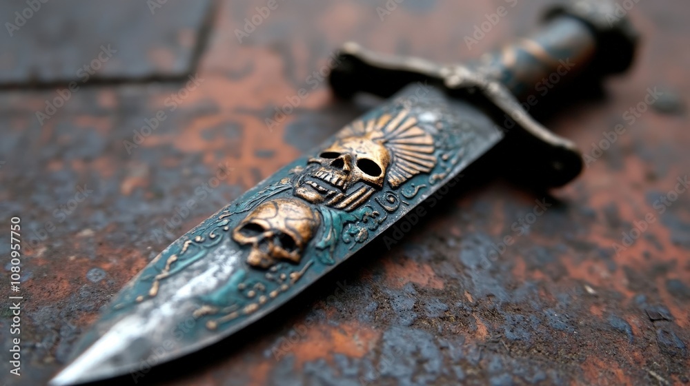 An intricately designed dagger with ornate skull motifs lies on an aged surface, highlighting craftsmanship and an aura of mystery and history. An intricately designed dagger with ornate skull motifs lies on an aged surface, highlighting craftsmanship and an aura of mystery and history.