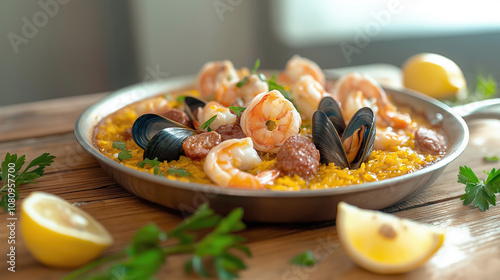 Delicious seafood paella with shrimp, mussels, and spicy sausage garnished with fresh herbs