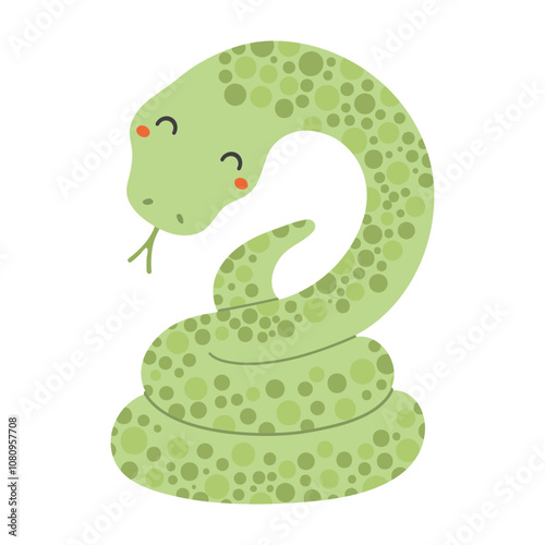 2025 Chinese zodiac sign, cute snake flat character illustration. Hand drawn cartoon vector illustration, isolated on white. Lunar New Year kawaii holiday card, banner design element