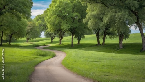 Grass green curving road outdoors nature trail