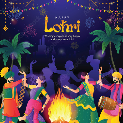 llustration of Happy Lohri festival of Punjab India background with gradient color concept
