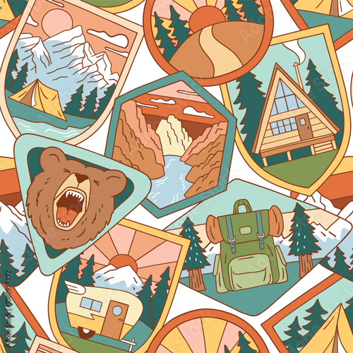 Seamless vector pattern with vintage woodland patches. Hand drawn retro camping badges. Perfect for textile, wallpaper or print design. EPS10 vector file.
