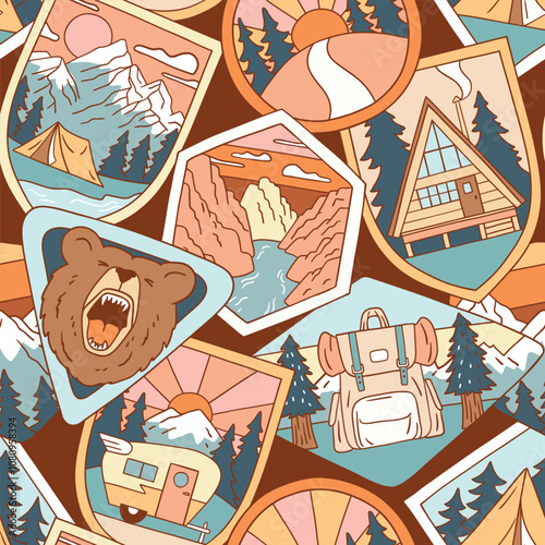 Seamless vector pattern with vintage woodland patches. Hand drawn retro camping badges. Perfect for textile, wallpaper or print design. EPS10 vector file.