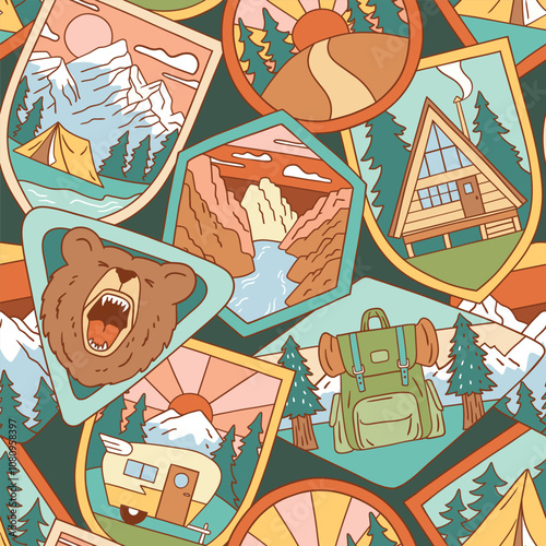 Seamless vector pattern with vintage woodland patches. Hand drawn retro camping badges. Perfect for textile, wallpaper or print design. EPS10 vector file.