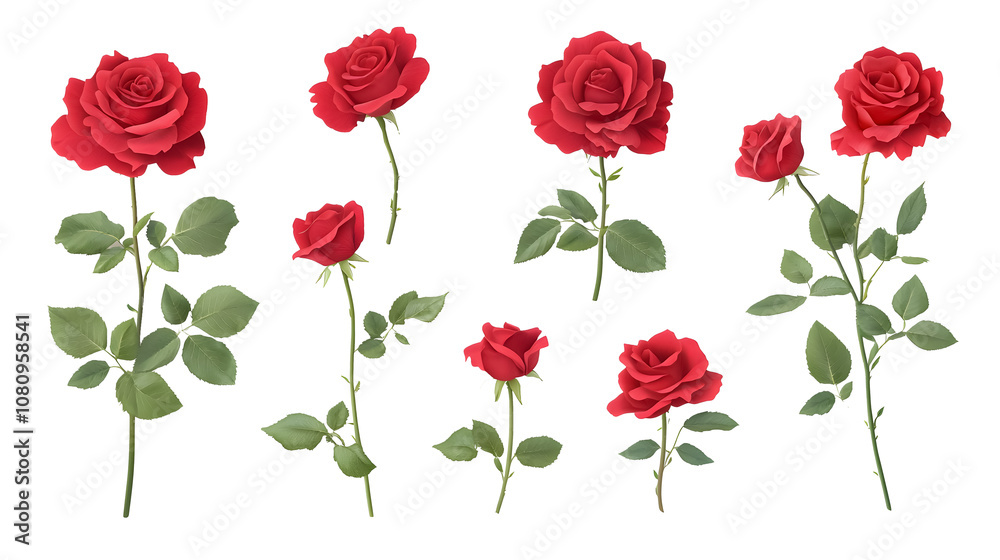 Set of red roses on a transparent background. isolated background. Set of red roses on a transparent background. isolated background.