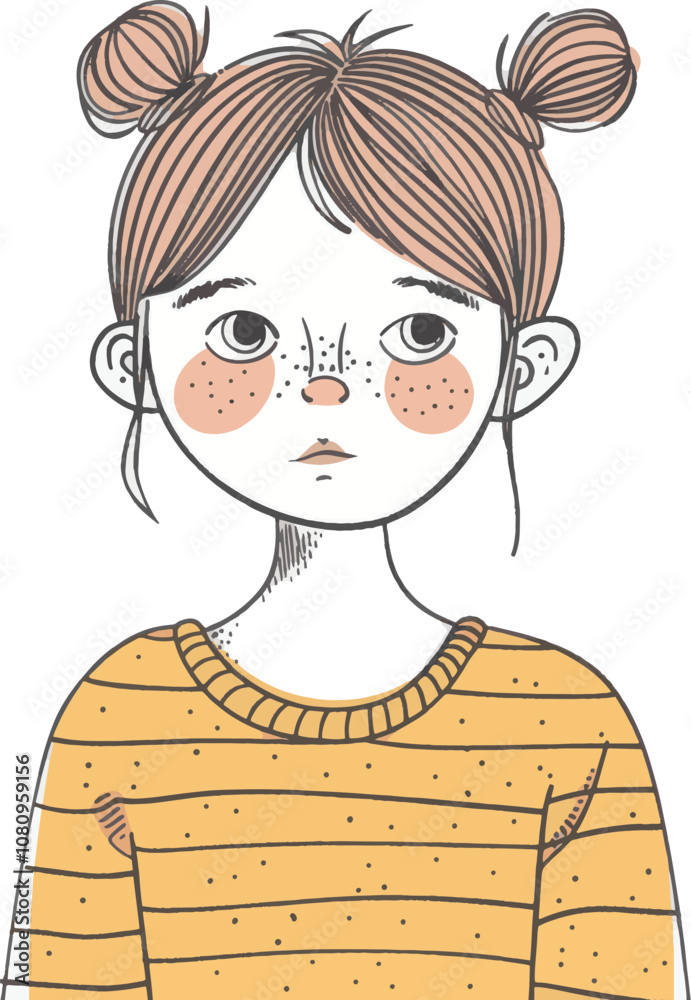A young cute girl with freckles and pigtails wearing a striped yellow sweater, looking thoughtfully at the viewer A young cute girl with freckles and pigtails wearing a striped yellow sweater, looking thoughtfully at the viewer
