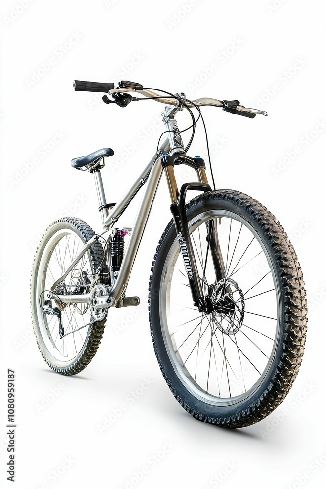 Silver mountain bike with thick tires. Silver mountain bike with thick tires.