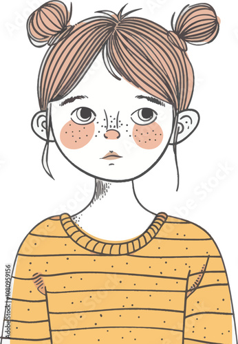 A young cute girl with freckles and pigtails wearing a striped yellow sweater, looking thoughtfully at the viewer