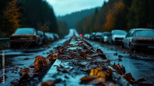 A desolate road punctuated by the dramatic contrast of fallen leaves and old cars lining the sides offers an evocative sense of nostalgia and abandonment. photo