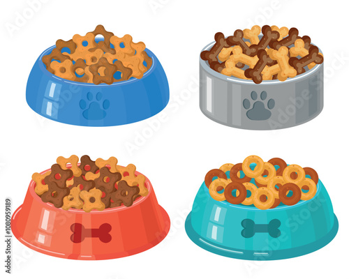 Set of dry food for cats and dogs in cartoon style. Vector illustration of colorful bowls with shaped dry food, with animal paws, bones isolated on white background. Blue, gray, red, turquoise plates.