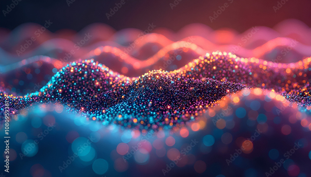 A glowing abstract landscape with colorful sparkling particles and sound waves. The energy of music emerges A glowing abstract landscape with colorful sparkling particles and sound waves. The energy of music emerges