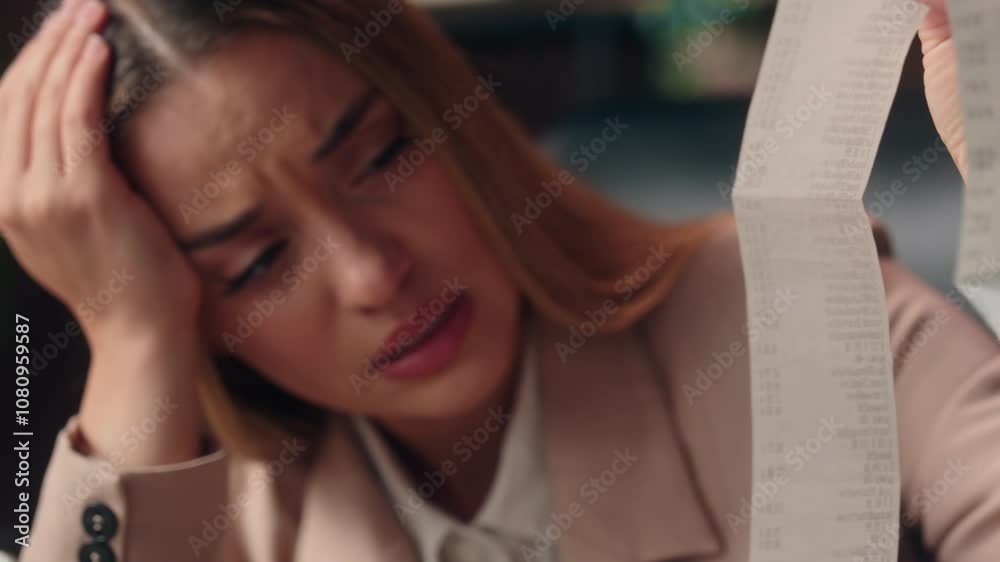 Shocked stressed Caucasian businesswoman female girl frustrated businesswoman office worker holding large bill payment unpaid taxes store receipt debt problem budget accounting bankruptcy shock indoor