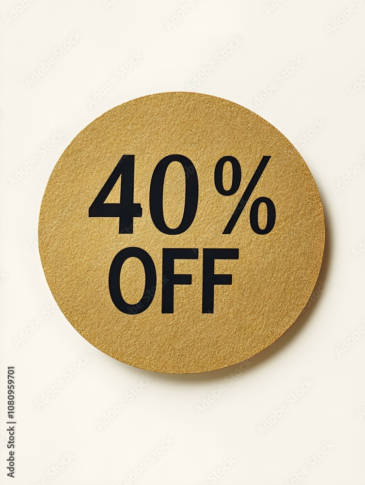 Black '40% OFF' Text on a Dark Gold Round Paper Note. White Background Black '40% OFF' Text on a Dark Gold Round Paper Note. White Background