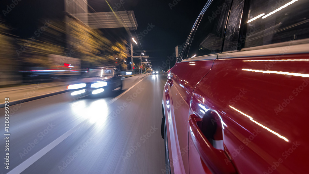 Naklejka premium Drivelapse from side of car moving on a night avenue in city timelapse hyperlapse