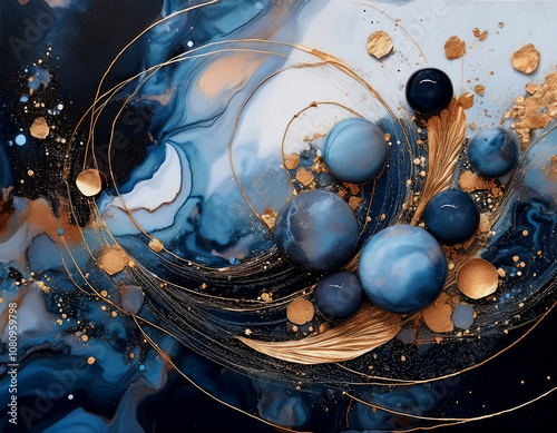 メタリックな球体や多角形に金箔や漆塗りの質感を加え、日本の工芸品を感じさせる独特な質感を表現した抽象的な模様