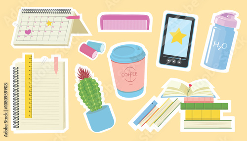 Set of productive stickers in cartoon style. Vector illustration of calendar, notebook, stack of books, cactus, hair curlers, comb, coffee, player, water bottle isolated on pastel yellow background.