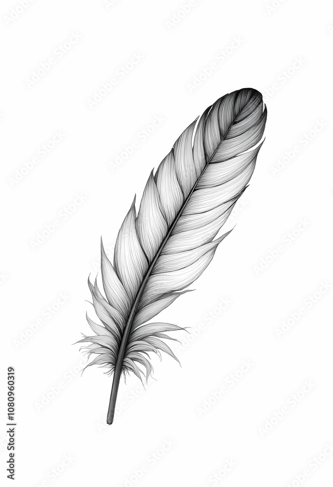 Elegant black and white feather, sophisticated illustration, minimalistic design, white background, copy space Elegant black and white feather, sophisticated illustration, minimalistic design, white background, copy space
