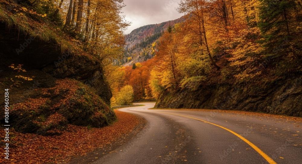 Naklejka premium serene autumn road with vibrant foliage