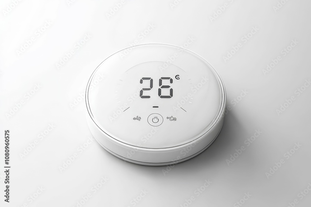 White round digital thermostat showing 26 degrees.
