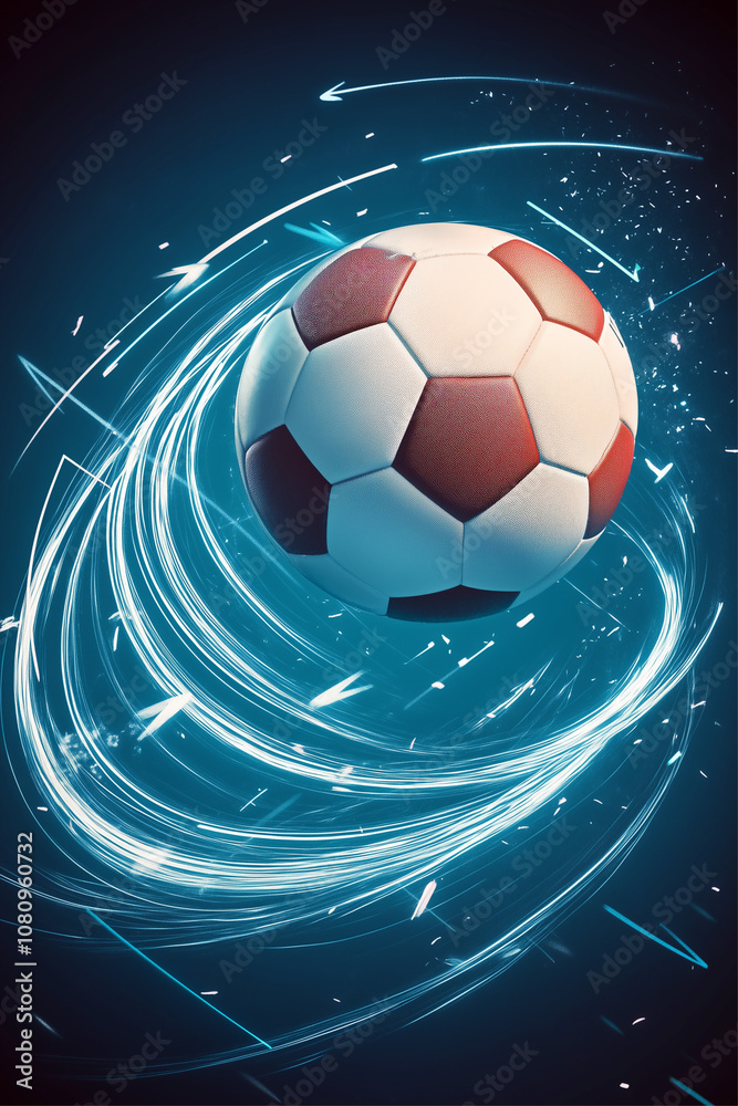 Fototapeta premium Soccer ball depicted with energetic swirling digital effects around it.