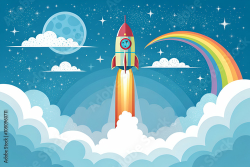 A colorful rocket launches through clouds under a vibrant rainbow and starry sky, symbolizing adventure and exploration. photo