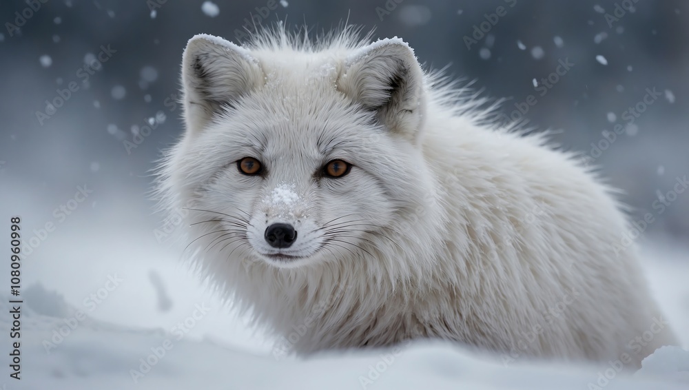 A white fox in the snow, looking directly at the viewer. Snow is falling. A white fox in the snow, looking directly at the viewer. Snow is falling.