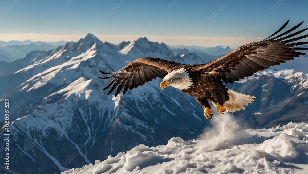 A bald eagle in flight over snow-capped mountains, with a bright sun. A bald eagle in flight over snow-capped mountains, with a bright sun.