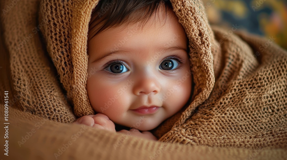Beautiful baby looking out from under a blanket, evoking a sense of comfort and warmth. Beautiful baby looking out from under a blanket, evoking a sense of comfort and warmth.