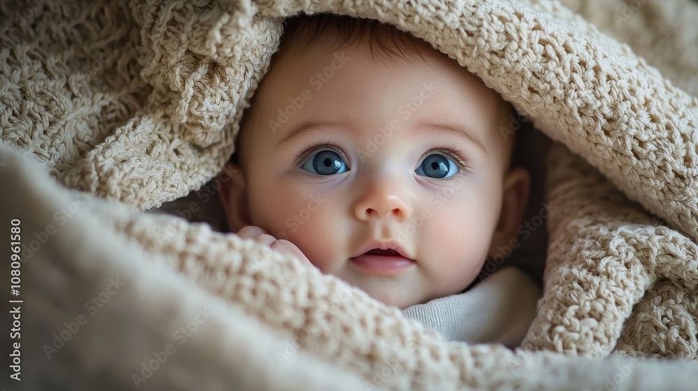 Beautiful baby looking out from under a blanket, evoking a sense of comfort and warmth. Beautiful baby looking out from under a blanket, evoking a sense of comfort and warmth.