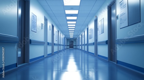 A pristine hospital corridor with sterile floors, bright lights, and clean signs pointing to different wards -