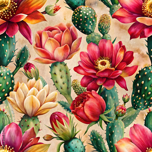 Modern Cactus Flowers and Leaves Pattern. Perfect for: Minimalist decor, luxury events