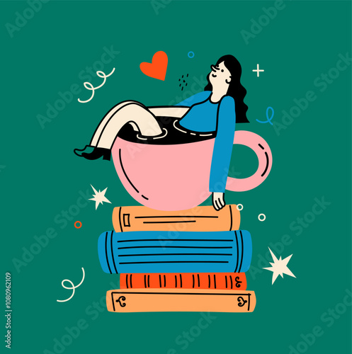 Book concept illustration. Happy woman reading books and laying in the cup of coffee. Flat trendy retro vector illustrations isolated on background