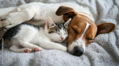 Cat and dog sleeping together, featuring a puppy and kitten in a peaceful rest.