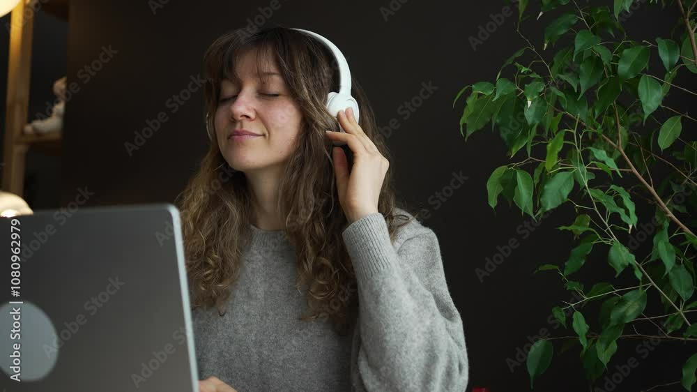 Young woman wearing headphones is grooving to music while working on her laptop, showcasing the concept of work-life balance and finding joy in everyday tasks