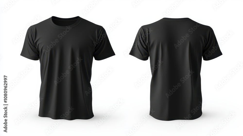 Blank T-shirt color black template front and back view on a white background for apparel design mockups. Blank T-shirt color black template front and back view on a white background for apparel design mockups.