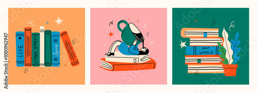 Book concepts set. Happy woman reading books and laying in the cup of coffee. Flat trendy retro vector illustrations isolated on background