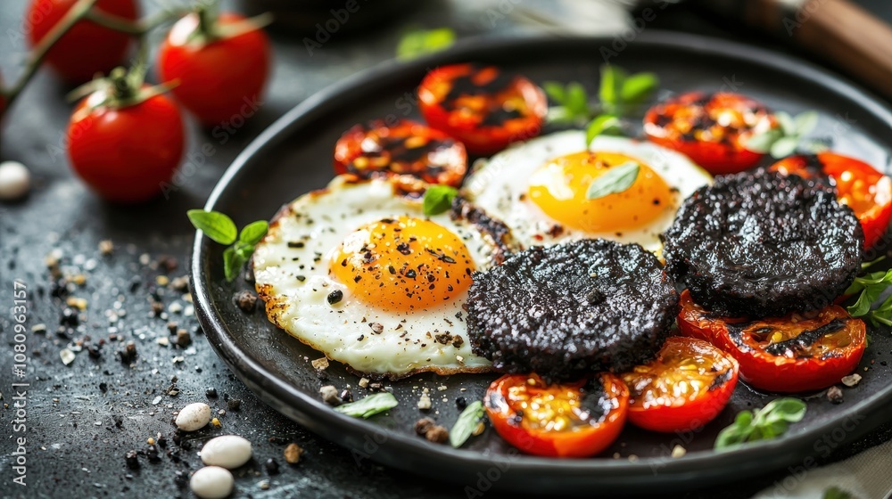 A plate of food with eggs, tomatoes, and herbs A plate of food with eggs, tomatoes, and herbs