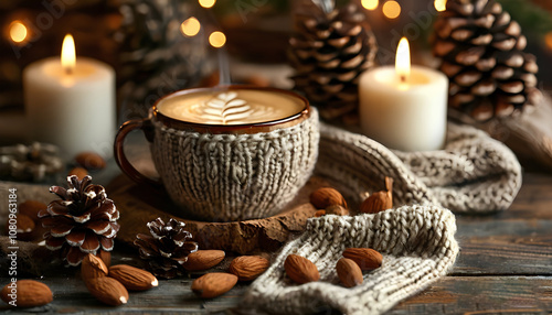 Christmas winter party: cup with cappuccino served on wooden board. Scarf, candle and delicate lamp, cones, nuts, mendal photo