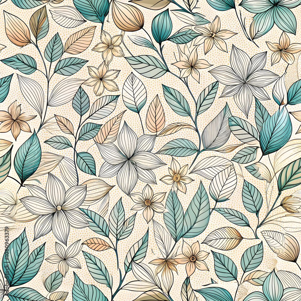 Fototapeta premium Thin Line Leaves and Flowers Seamless Design. Perfect for: Eco-friendly spaces, minimalist art shows