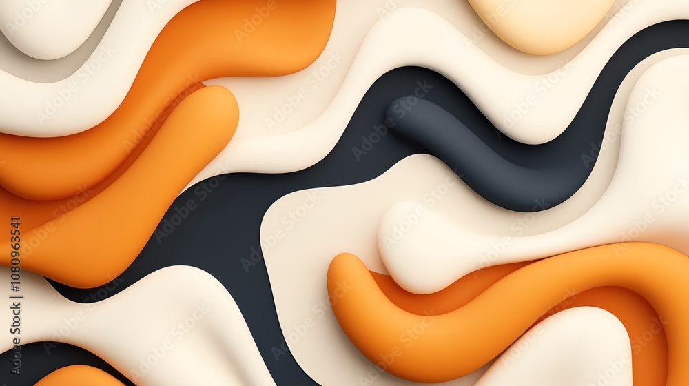 Abstract 3D fluid shapes in orange, cream, and black with a smooth, organic wave-like pattern Abstract 3D fluid shapes in orange, cream, and black with a smooth, organic wave-like pattern