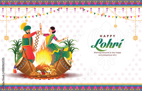 llustration of Happy Lohri festival of Punjab India horizontal background with gradient color concept