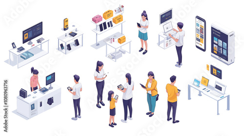 Isometric Illustrations of Budget Smartphone Shop Scenes with Colorful Family Customers, Staff in White T-Shirts and Black Pants, Featuring Lively Interactions on transparent background