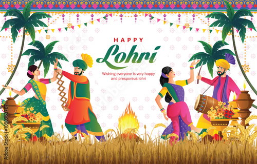llustration of Happy Lohri festival of Punjab India horizontal background with gradient color concept