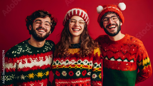 Happy friends in quirky sweaters standing in red photo studio background. Christmas portrait