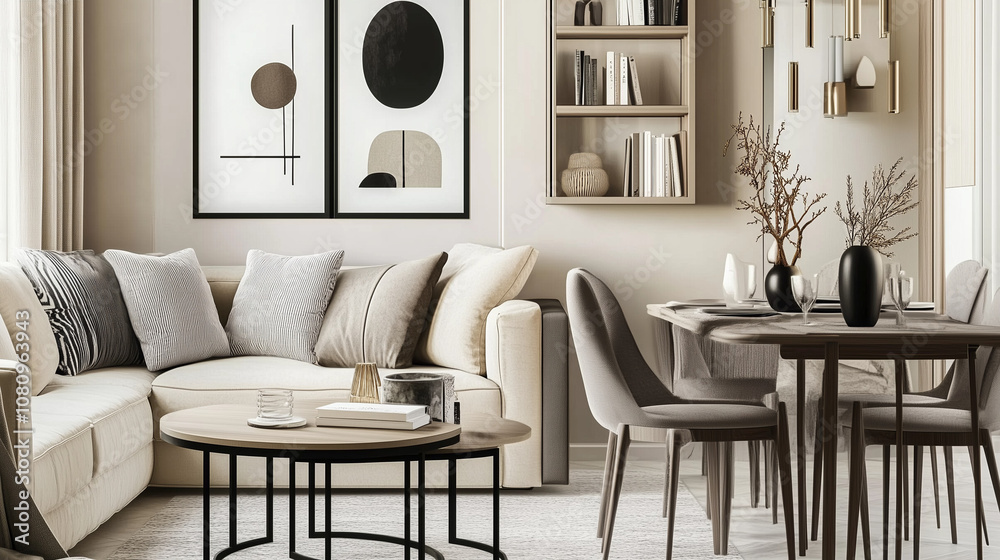 Elegant minimalist living and dining area with neutral tones, modern furniture, abstract wall art, and stylish decor, perfect for interior design inspiration. Elegant minimalist living and dining area with neutral tones, modern furniture, abstract wall art, and stylish decor, perfect for interior design inspiration.