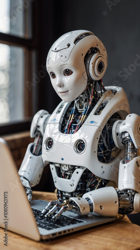 humanoid robot working on a laptop, robot sitting at a table and working on a laptop, robot typing on a laptop, concept of future artificial intelligence