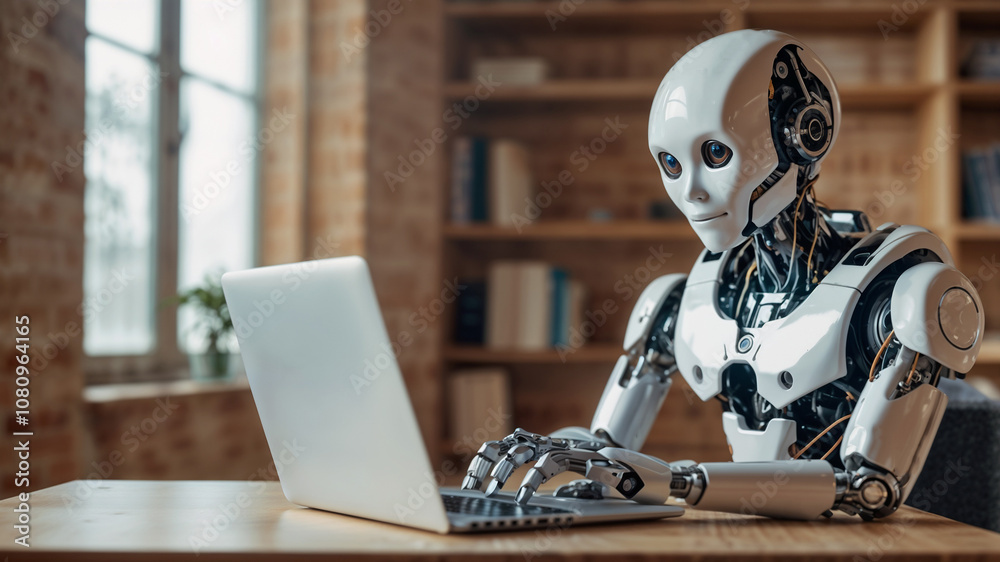 humanoid robot working on a laptop, robot sitting at a table and working on a laptop, robot typing on a laptop, concept of future artificial intelligence humanoid robot working on a laptop, robot sitting at a table and working on a laptop, robot typing on a laptop, concept of future artificial intelligence